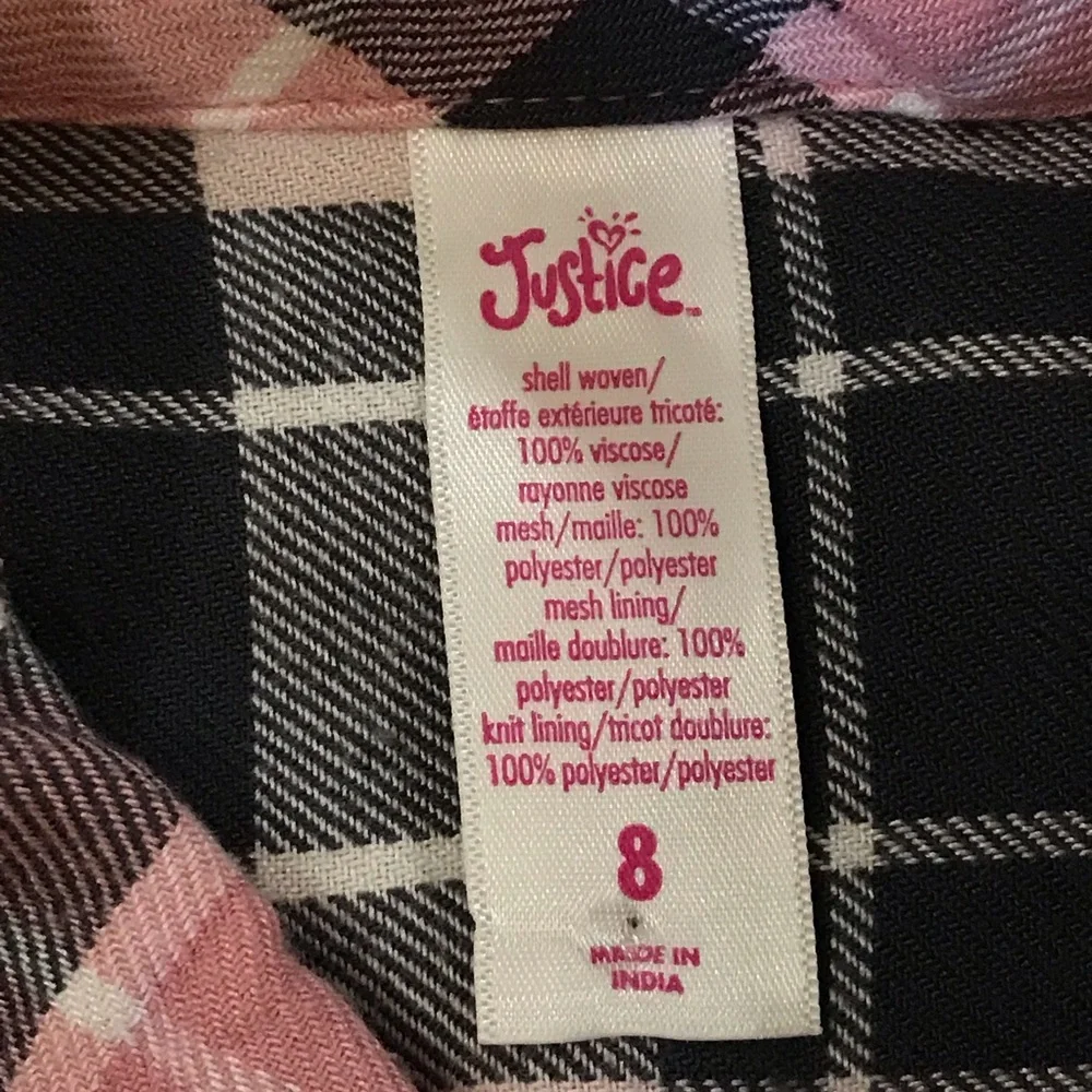 Girls Justice Pink / Black Plaid & Tulle Dress Size Medium 7 / 8 100% Polyester